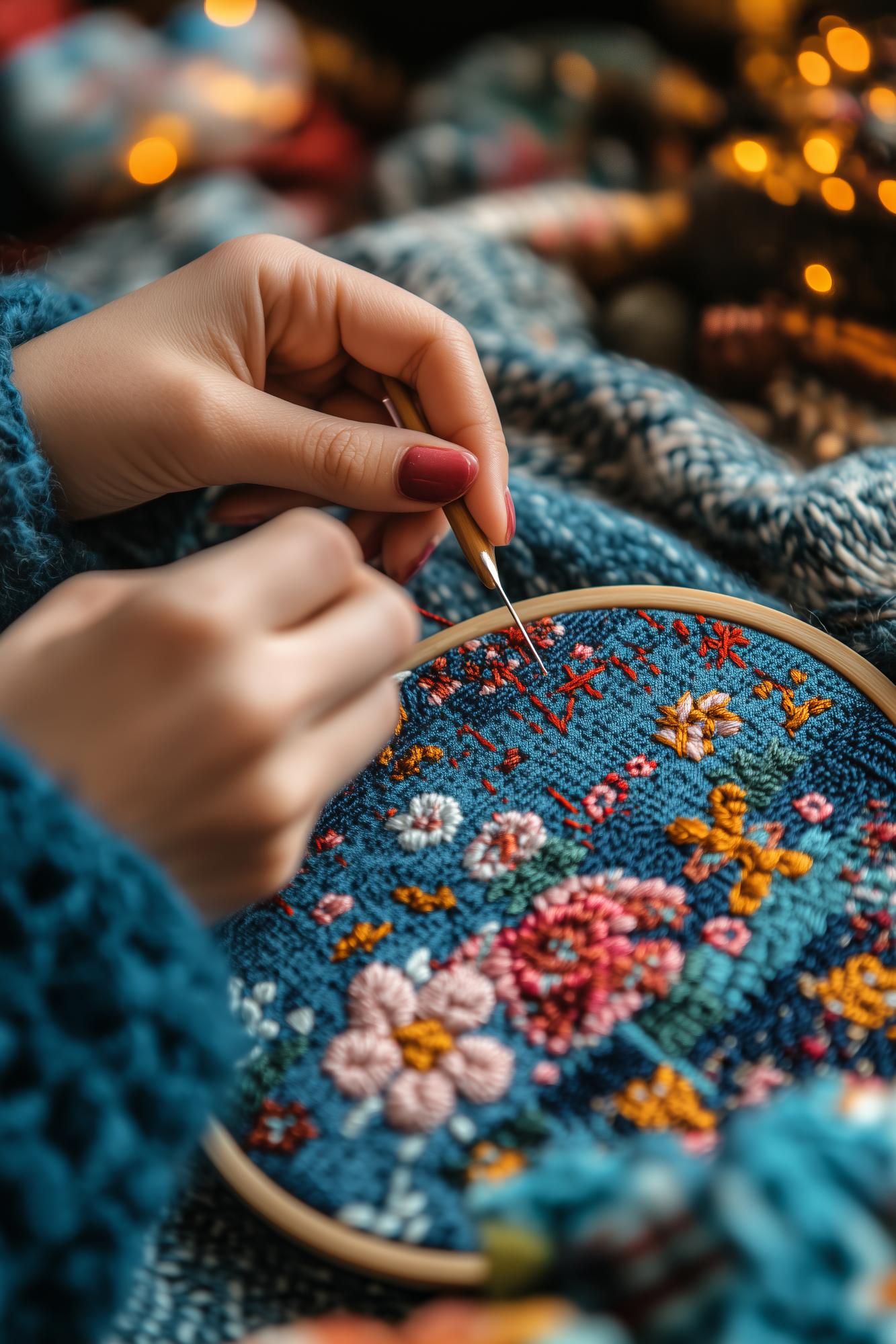close-up of hand embroidery with warm threads