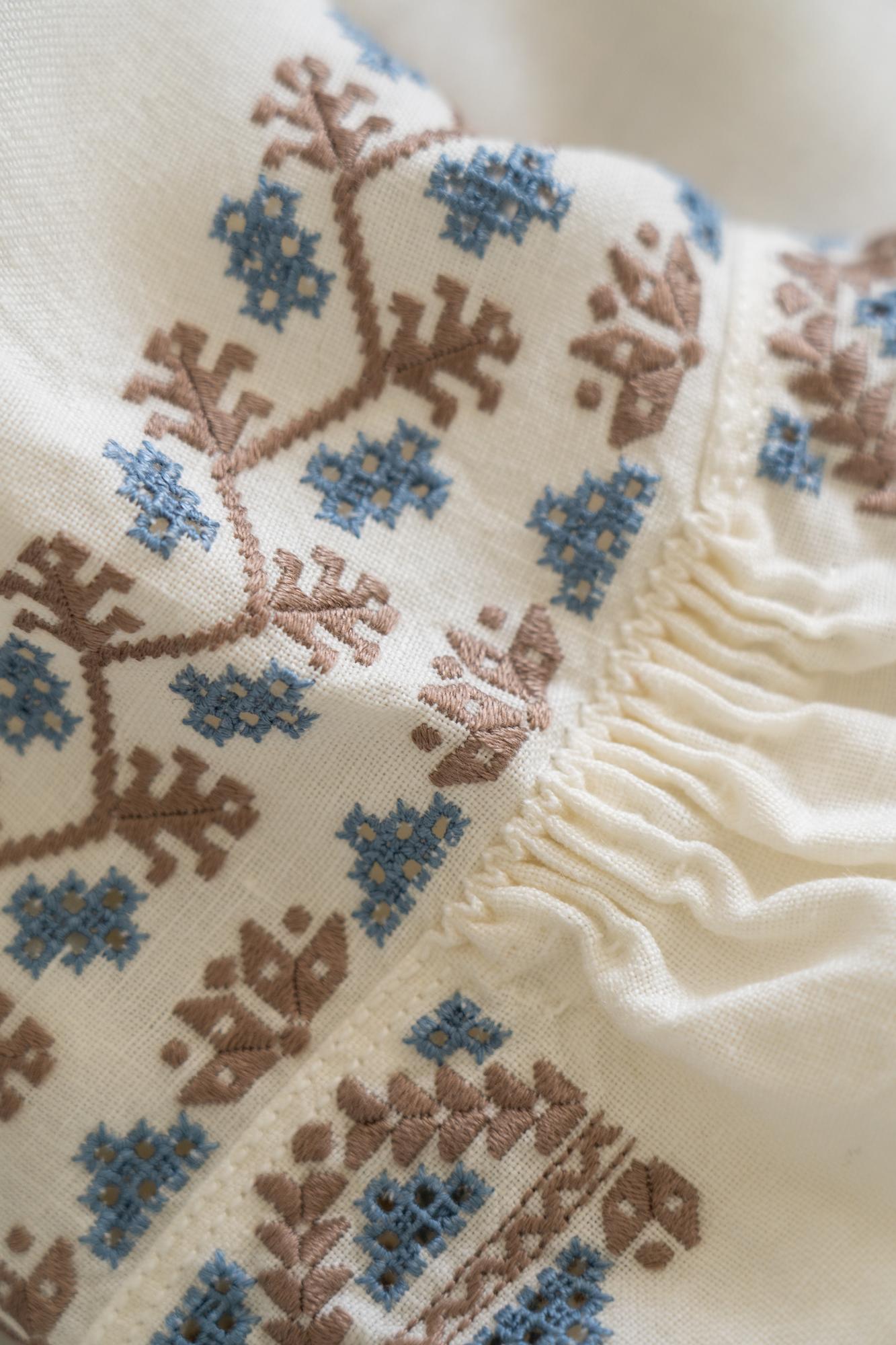 close view of embroidered pattern sample on linen